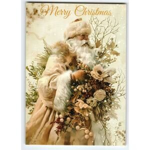 Old World Style Merry Christmas Santa Claus Lithograph Postcard 5.5x4in